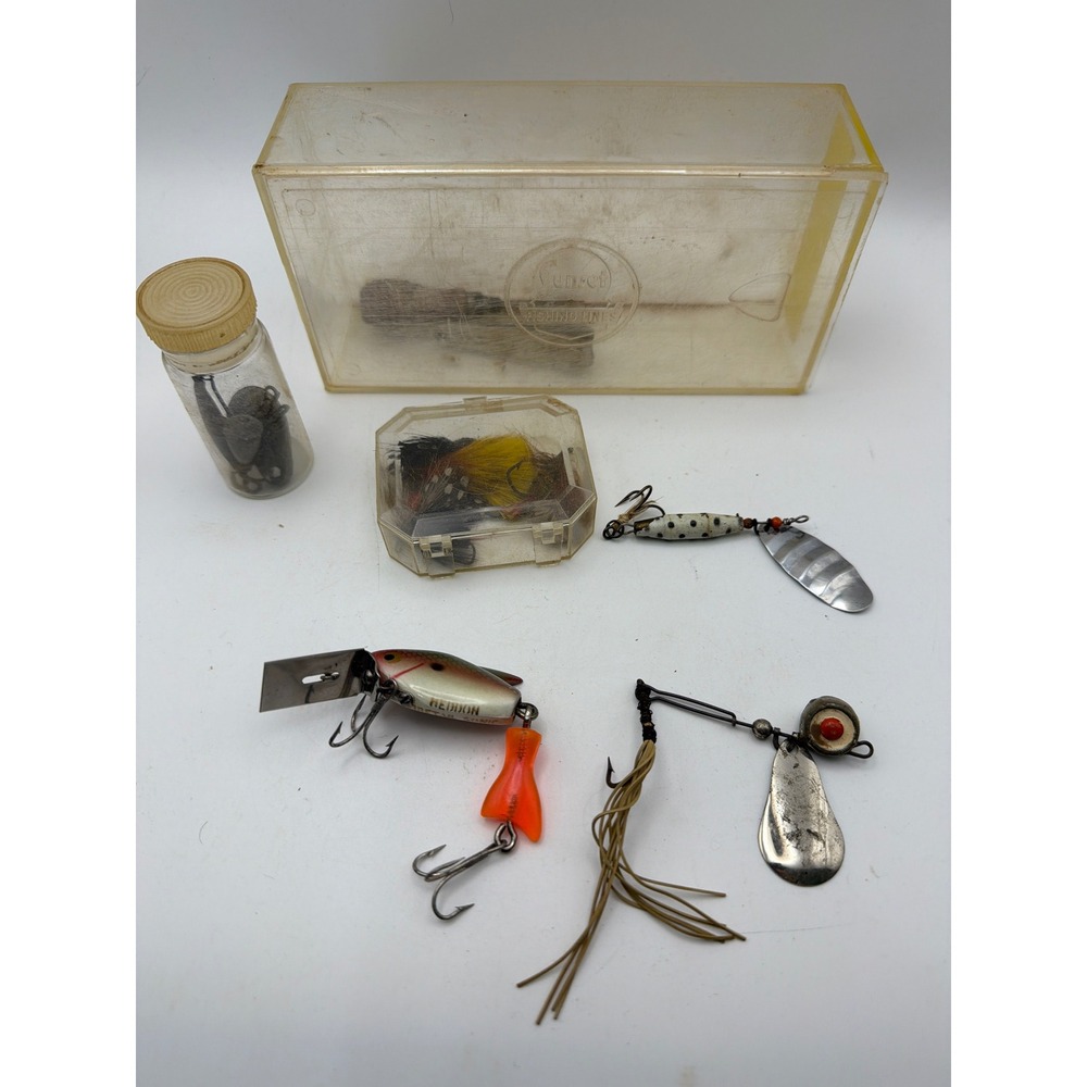 Vintage Heddon Firetail Sonic Lure Spinners Flies Sinker Lot Sunset Box Tackle